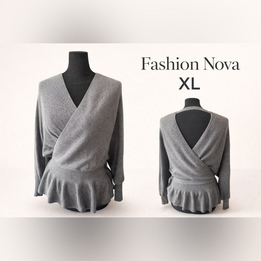 Fashion Nova Grey Wrap Sweater XL Peplum Ribbed Top